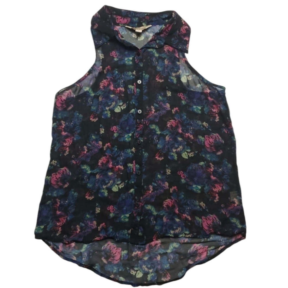 Decree Ladies Black Floral Sleeveless‎ Tank Top Cami Womens Button Up Shirt